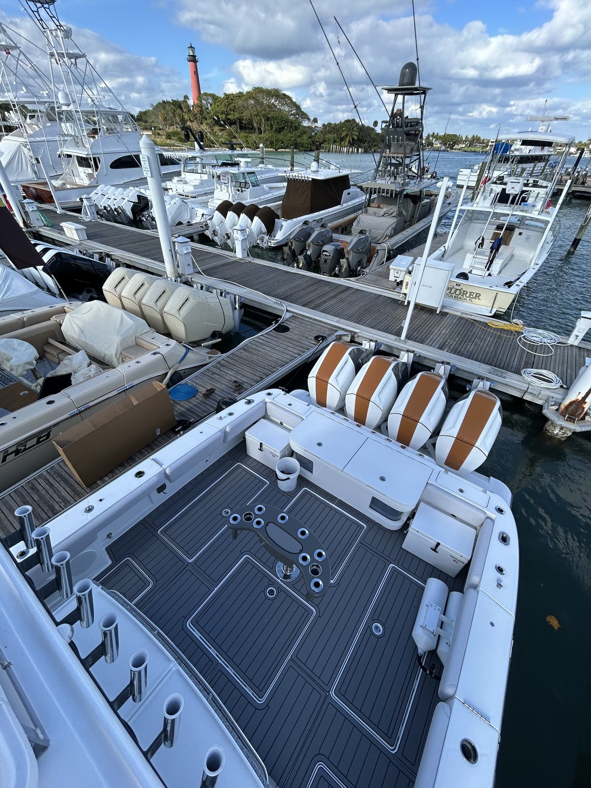 Cockpit sole on a sportfish at the dock, storm gray planking